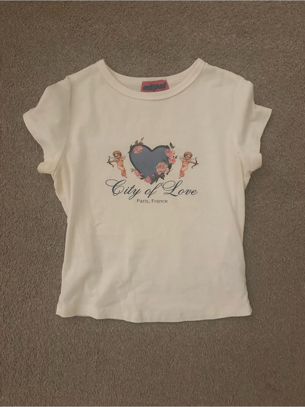 Edikted White Tee with Blue Heart & Cherubs